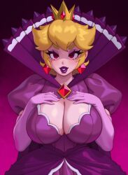 Rule 34 | 1girl, absurdres, blonde hair, breast suppress, breasts, brooch, cleavage, crown, crystal earrings, dress, earrings, elbow gloves, eyeshadow, facing viewer, female focus, flipped hair, gloves, gradient background, highres, jewelry, large breasts, lipstick, looking at viewer, makeup, mario (series), nintendo, open mouth, paper mario, paper mario: the thousand year door, parted lips, possessed, possession, princess peach, purple background, purple dress, purple gloves, purple lips, purple theme, red eyes, riz, shadow queen, smile, solo, thick eyebrows, thick lips
