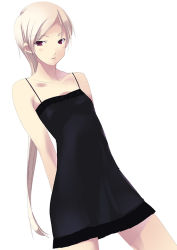 Rule 34 | 00s, 1girl, arms behind back, bare shoulders, black dress, dress, dutch angle, fate/hollow ataraxia, fate/stay night, fate (series), long hair, mizuki makoto, red eyes, sella (fate), simple background, solo, white hair