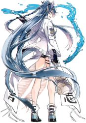 Rule 34 | 1girl, arknights, blue hair, coat, dragon, dragon horns, dragon tail, from behind, full body, gourd, highres, horns, ling (arknights), long hair, pointy ears, short shorts, shorts, tail, toriyoshi, very long hair, white background, white coat