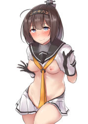 Rule 34 | 1girl, absurdres, ahoge, akizuki (kancolle), blue eyes, blush, breasts, brown hair, clothes writing, commentary request, embarrassed, gloves, groin, hachimaki, hair ornament, headband, highres, kantai collection, kiritto, looking at viewer, medium breasts, meme attire, navel, neckerchief, nipples, pleated skirt, ponytail, revealing clothes, reverse bunnysuit, reverse outfit, sailor collar, school uniform, serafuku, short hair, short sleeves, simple background, skirt, smile, solo, sweatdrop, tearing up, tears, wavy mouth, white background, white skirt, yellow neckerchief
