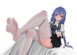 Rule 34 | 1girl, absurdres, ahoge, black skirt, blue eyes, blue hair, blush, braid, breasts, chinese commentary, collared shirt, commentary request, facing viewer, feet, foot focus, frown, highres, long hair, long sleeves, looking ahead, medium breasts, mushoku tensei, no shoes, pengzlp, roxy migurdia, shirt, simple background, sitting, skirt, soles, thighhighs, twin braids, twintails, white background, white shirt, white thighhighs