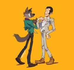 Rule 34 | 2boys, arsene lupin iii, arsene lupin iii (cosplay), black hair, brown footwear, colored sclera, commentary, cosplay, costume switch, crossover, english commentary, formal, furry, furry male, grin, highres, jacket, komoroshi, long sleeves, lupin iii, male focus, mr. wolf, mr. wolf (cosplay), multiple boys, open collar, short hair, signature, simple background, smile, the bad guys (film), thief, wolf boy, yellow background, yellow sclera