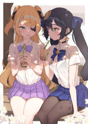 Rule 34 | 2girls, :t, absurdres, black choker, black hair, blonde hair, blue bow, blue bowtie, blue skirt, bow, bowtie, bra visible through clothes, brooch, bubble tea, choker, cloba, closed mouth, cup, disposable cup, drink, earrings, eyepatch, fischl (genshin impact), flower, genshin impact, green eyes, highres, holding, holding cup, holding drink, jewelry, miniskirt, mona (genshin impact), multiple girls, open mouth, pantyhose, pleated skirt, purple bow, purple bowtie, purple skirt, school uniform, shirt, shirt tucked in, single earring, sitting, skirt, sweat, thighs, twintails, white flower, white shirt