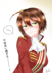 Rule 34 | ..., 1girl, absurdres, ahoge, alternate hairstyle, ascot, brown hair, commentary request, epaulettes, girls&#039; frontline, green eyes, hair ornament, highres, jacket, lee-enfield (girls&#039; frontline), lexis yayoi, red jacket, sash, short hair, signature, solo, translation request, uniform