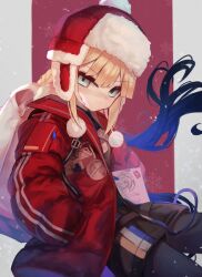 Rule 34 | 1boy, blonde hair, blue hair, captain nemo (fate), closed mouth, fate/grand order, fate (series), green eyes, hands in pockets, hat, holding, holding sack, jacket, long hair, long sleeves, looking at viewer, m0 chi, male focus, multicolored hair, nemo (fate), nemo (santa) (fate), red jacket, sack, shorts, snow, solo
