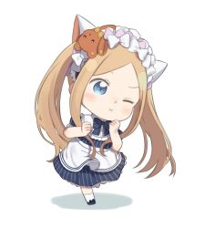 Rule 34 | 1girl, :x, abigail williams (heart of cooking) (fate), abigail williams (fate), apron, blonde hair, blue bow, blue dress, blue eyes, blue footwear, blush, bow, chibi, dress, fate/grand order, fate (series), full body, hair bow, long hair, official alternate costume, one eye closed, parted bangs, pink bow, puffy short sleeves, puffy sleeves, shadow, shoes, short sleeves, solo, standing, standing on one leg, striped bow, striped clothes, striped dress, stuffed animal, stuffed toy, teddy bear, totatokeke, twintails, vertical-striped clothes, vertical-striped dress, very long hair, waist apron, white apron, white background, white bow