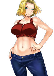 Rule 34 | 1girl, android 18, aqua eyes, arm support, bare shoulders, blonde hair, blue eyes, breasts, crop top, dragon ball, dragonball z, hand on own hip, highres, kokuriu, large breasts, looking at viewer, midriff, navel, short hair, solo