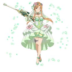 Rule 34 | 1girl, ;d, asuna (sao), breasts, brown eyes, brown hair, choker, cleavage, collarbone, dress, elbow gloves, floating hair, flower, full body, gloves, green dress, green footwear, green gloves, gun, hair flower, hair ornament, high heels, highres, holding, holding gun, holding weapon, holster, jewelry, layered dress, looking at viewer, medium breasts, necklace, official art, one eye closed, open mouth, pink flower, pumps, rifle, short hair with long locks, sidelocks, skirt hold, sleeveless, sleeveless dress, smile, solo, strapless, strapless dress, sword art online, thigh holster, transparent background, weapon