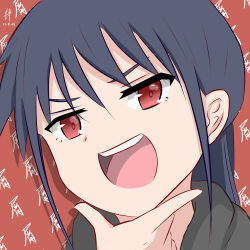 Rule 34 | 1girl, :d, black hair, commentary request, eyebrows hidden by hair, hand up, highres, hood, hood down, long hair, looking at viewer, open mouth, original, portrait, red background, red eyes, rock zinc, simple background, smile, solo, teeth, text background, translation request, upper teeth only