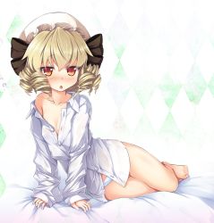 Rule 34 | 1girl, :o, argyle, argyle background, argyle clothes, arm support, barefoot, bed sheet, black ribbon, blonde hair, blush, breasts, buttons, chestnut mouth, chima q, cleavage, collarbone, commentary request, drill hair, full body, hat, highres, long sleeves, looking at viewer, luna child, lying, mob cap, no pants, nose blush, off shoulder, open mouth, oversized clothes, oversized shirt, panties, red eyes, ribbon, see-through, shirt, short hair, sleeves past wrists, small breasts, solo, thighs, touhou, underwear, white hat, white panties, white shirt