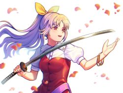 Rule 34 | 1girl, belt, bow, bracelet, buttons, c i an, collared shirt, dress, falling petals, hair bow, hair ribbon, highres, jewelry, katana, long hair, open mouth, petals, ponytail, purple hair, red dress, red eyes, ribbon, shirt, short sleeves, simple background, single strap, solo, sword, teeth, touhou, watatsuki no yorihime, weapon, white background, yellow ribbon