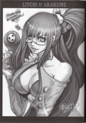 Rule 34 | 1girl, :&lt;, arakune, arc system works, artist request, bare shoulders, blazblue, blazblue: calamity trigger, bra, breasts, character name, chinese clothes, cleavage, cleavage cutout, clothing cutout, glasses, greyscale, lao jiu, large breasts, lingerie, lips, litchi faye ling, long hair, monochrome, official art, ponytail, solo, underwear