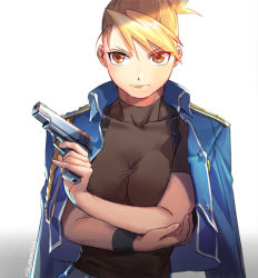 Rule 34 | &gt;:), 1girl, bad id, bad pixiv id, blonde hair, blue jacket, breasts, brown shirt, cleavage, closed mouth, emmmerald, finger on trigger, fingernails, folded ponytail, fullmetal alchemist, gradient background, gun, hand on own elbow, handgun, holding, holding another&#039;s arm, holding gun, holding weapon, jacket, jacket on shoulders, lips, looking at viewer, medium breasts, military, military uniform, orange eyes, pinky out, riza hawkeye, shirt, short sleeves, skin tight, smile, solo, twitter username, uniform, upper body, v-shaped eyebrows, weapon, white background, wristband
