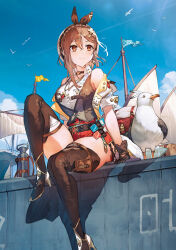 Rule 34 | 1girl, animal, atelier (series), atelier ryza, atelier ryza 3, bare shoulders, bird, blue sky, boots, brown eyes, brown hair, contrail, day, gloves, hair ornament, hairclip, hat, high heel boots, high heels, highres, official art, outdoors, reisalin stout, seagull, short sleeves, sitting, sky, thigh boots, toridamono
