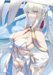 Rule 34 | 1girl, absurdres, beach, bikini, blonde hair, blue eyes, blue sky, breasts, cleavage, closed mouth, cloud, commentary request, day, detached sleeves, fate/grand order, fate (series), hair between eyes, hair ornament, highres, large breasts, long hair, looking at viewer, morgan le fay (fate), morgan le fay (water princess) (fate), ocean, okuma707, outdoors, sky, solo, swimsuit, very long hair, white bikini, white sleeves