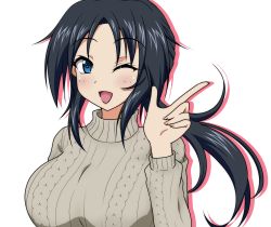 Rule 34 | 1girl, ;d, alternate hairstyle, black hair, blue eyes, casual, commentary request, freckles, girls und panzer, grey sweater, index finger raised, izumi (izumi p), long hair, long sleeves, looking at viewer, low ponytail, one eye closed, open mouth, ribbed sweater, silhouette, smile, solo, sweater, upper body, yamagou ayumi