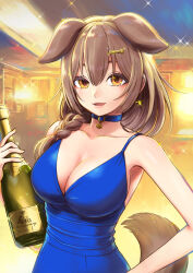 Rule 34 | 1girl, alternate costume, animal ears, blue choker, blue dress, bone hair ornament, bottle, braid, breasts, brown eyes, brown hair, champagne bottle, choker, cleavage, cocktail dress, dog ears, dog girl, dog tail, double-parted bangs, dress, extra ears, hair between eyes, hair ornament, hair over shoulder, hairclip, hand on own hip, highres, holding, holding bottle, hololive, indoors, inugami korone, large breasts, lips, long hair, official alternate costume, parted lips, sabaku chitai, single braid, sleeveless, sleeveless dress, smile, solo, tail, virtual youtuber