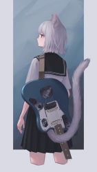Rule 34 | 1girl, animal ears, black neckwear, black skirt, blue eyes, cat ears, cat girl, cat tail, cowboy shot, cropped legs, electric guitar, from behind, guitar, highres, instrument, instrument on back, looking to the side, looking up, original, pleated skirt, school uniform, serafuku, shirt, short hair, skirt, solo, tail, tail raised, unvrsms, white hair, white shirt