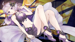 Rule 34 | 1girl, bow, butterfly hair ornament, butterfly wings, hair ornament, insect wings, long hair, looking at viewer, lying, midriff, navel, on back, purple eyes, purple hair, solo, twintails, vocaloid, voiceroid, wings, yamisawa, yuzuki yukari