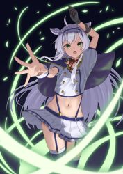 Rule 34 | 1girl, absurdres, alzano school uniform, arm up, asymmetrical gloves, blue capelet, blue hairband, blue thighhighs, capelet, crop top, garter straps, gloves, green eyes, grey gloves, hairband, highres, long hair, looking at viewer, magic, miniskirt, navel, neck ribbon, open mouth, pleated skirt, reaching, reaching towards viewer, red ribbon, ribbon, rokudenashi majutsu koushi to akashic record, satoshiy83, school uniform, single glove, sistine fibel, skirt, solo, standing, suspender skirt, suspenders, thighhighs, uneven gloves, white hair, white skirt, wrist cuffs, zettai ryouiki