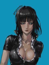 Rule 34 | 1girl, animal ears, black hair, blue background, blue eyes, blunt bangs, blunt ends, breasts, chromatic aberration, cleavage, collarbone, commentary, english commentary, highres, jacket, large breasts, leather, leather jacket, medium hair, nico robin, one piece, polka dot, polka dot shirt, shirt, short sleeves, sideways glance, simple background, solo, undershirt, zipper, zipper pull tab, zu yuan cesar
