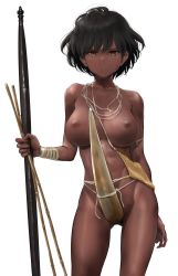 Rule 34 | 1girl, :|, arms at sides, bare arms, bare shoulders, black hair, blue eyes, breasts, closed mouth, collarbone, cowboy shot, dark-skinned female, dark skin, futanari, gluteal fold, highres, holding, holding weapon, implied futanari, koteka, looking at viewer, medium breasts, nipples, original, penis sheath, short hair, solo, thighs, toned, topless, tribal, wa (genryusui), weapon, white background