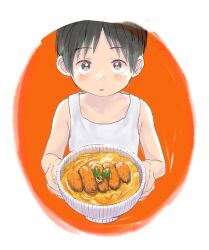 Rule 34 | 1boy, black hair, blush, bowl, child, commentary request, food, highres, holding, holding bowl, holding food, incoming food, looking at viewer, male focus, nekoheso 2525, open mouth, original, sketch, solo, tank top, upper body, white background, white tank top
