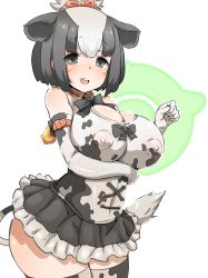 Rule 34 | 10s, 1girl, :d, animal ears, animal print, arched back, bare shoulders, bell, black bow, black bowtie, black eyes, black hair, black skirt, blouse, blush, bob cut, bow, bowtie, breasts, cleavage, commentary request, contrapposto, covered erect nipples, cow ears, cow girl, cow print, cow tail, cowbell, cowboy shot, cross-laced clothes, detached collar, dot nose, elbow gloves, frilled skirt, frills, from side, furau, gloves, hair bow, half-closed eyes, highres, holstein friesian cattle (kemono friends), impossible clothes, impossible shirt, japari symbol, kemono friends, large breasts, legs together, looking at viewer, looking to the side, microskirt, multicolored hair, open mouth, parted bangs, print gloves, print shirt, print thighhighs, raised eyebrows, red bow, round teeth, shirt, short hair, simple background, skindentation, skirt, sleeveless, sleeveless shirt, smile, solo, standing, tail, teeth, thighhighs, topknot, two-tone hair, white background, white hair, wing collar
