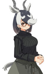 Rule 34 | 1girl, antelope ears, antelope horns, black hair, black sweater, blackbuck (kemono friends), blush, commentary request, earrings, extra ears, glasses, green skirt, hair over one eye, jewelry, kemono friends, kemono friends 3, long sleeves, looking at viewer, multicolored hair, official alternate costume, own hands together, red eyes, render hatch, short hair, skirt, smile, solo, sweater, tail, turtleneck, turtleneck sweater, two-tone hair, white hair