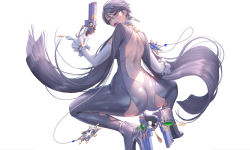 Rule 34 | 1girl, ankle gun, ass, ass cutout, backless outfit, bayonetta, bayonetta (series), bayonetta 2, black-framed eyewear, black bodysuit, black hair, bodysuit, clothing cutout, commentary request, detached sleeves, earrings, elbow gloves, from behind, glasses, gloves, gun, handgun, high heels, highres, holding, holding weapon, jewelry, lips, looking at viewer, looking back, love cacao, shiny clothes, short hair, simple background, skin tight, solo, squatting, weapon, white background, white gloves