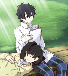 Rule 34 | 1boy, 1girl, black eyes, black hair, black pants, blanket, blue pants, blunt bangs, blunt ends, cardigan, closed eyes, closed mouth, collared shirt, day, enomoto takane, grass, hair between eyes, highres, holding, holding pen, holding sketchbook, kagerou project, kokonose haruka, lap pillow, long sleeves, looking at object, medium hair, mekakucity actors, mole, mole under eye, multicolored pants, nakadachi (neutral0745649), official style, on bench, on lap, open collar, outdoors, pants, pen, plaid, plaid pants, school uniform, shirt, short hair, sitting, sketchbook, sleeping, sleeping on person, smile, sunlight, twintails, upper body, white shirt, yellow cardigan