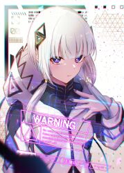 Rule 34 | barcode, black shirt, bright pupils, cevio, chromatic aberration, english text, fujifuji0330, glint, hair ornament, hand on own chest, hand up, high collar, highres, hood, hood down, hooded jacket, jacket, kafu (cevio), kamitsubaki studio, light frown, long sleeves, looking at viewer, low twintails, medium hair, multicolored eyes, nail polish, qr code, shirt, sidelocks, sign, twintails, warning sign, white hair, white pupils