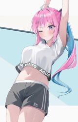 Rule 34 | 1girl, arms up, blue hair, blush, breasts, colored inner hair, cowlick, crop top, english text, from below, gym shorts, highres, hololive, hololive dance practice uniform, large breasts, long hair, midriff, minato aqua, multicolored hair, navel, nel dcm, official alternate costume, one eye closed, pink hair, purple eyes, shirt, shorts, side ponytail, streaked hair, stretching, t-shirt, two-tone hair, virtual youtuber, white shirt