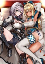 Rule 34 | 2girls, arm up, armor, armpits, ass, belt, bike shorts, black gloves, black legwear, blonde hair, blush, bow, braid, breasts, cameltoe, cleavage, commentary request, dark-skinned female, dark elf, dark skin, detached sleeves, elf, gloves, greaves, green eyes, hair between eyes, hair bow, hair ribbon, headpiece, high ponytail, highres, hololive, indoors, large breasts, long hair, looking at viewer, multicolored hair, multiple girls, on bed, pillow, pointy ears, ponytail, pukara, red eyes, ribbon, shiranui flare, shiranui flare (old design), shirogane noel, shirogane noel (1st costume), short hair, shorts, single thighhigh, streaked hair, thighhighs, virtual youtuber, white hair, white legwear, white shorts, wrist guards