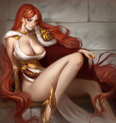 Rule 34 | 1girl, aleriia v, armor, artist name, black eyes, breasts, cape, cape lift, chain, cleavage, dress, foot out of frame, fur trim, highres, jewelry, large breasts, lips, long hair, looking at viewer, original, parted bangs, pelvic curtain, red cape, red hair, shoulder armor, signature, sitting, smirk, solo, very long hair, white dress