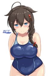 Rule 34 | 1girl, ahoge, black hair, black one-piece swimsuit, blue eyes, blue one-piece swimsuit, blush, braid, breasts, brown hair, competition swimsuit, dated, hair flaps, hair ornament, hair over shoulder, hair ribbon, highleg, highres, kantai collection, medium breasts, montemasa, one-hour drawing challenge, one-piece swimsuit, ribbon, shigure (kancolle), shigure kai ni (kancolle), single braid, solo, swimsuit, twitter username, two-tone swimsuit, wet, wet clothes, wet swimsuit