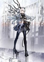 Rule 34 | 1girl, armor, bird, black skirt, black thighhighs, building, chain, closed mouth, commentary request, expressionless, fantasy, from behind, full body, gawako, grey eyes, high heels, highres, long hair, looking at viewer, looking back, original, outdoors, pauldrons, shadow, shoulder armor, skirt, solo, standing, thighhighs, tiara, vambraces, white hair