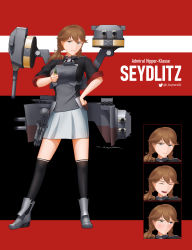 Rule 34 | 1girl, :d, absurdres, ammunition, anchor, black socks, blush, brown hair, cannon, character name, closed eyes, commentary, expressions, full body, grey eyes, hand on own hip, highres, kneehighs, looking at viewer, multiple views, open mouth, original, rigging, ryan greythorn, signature, skirt, smile, socks, standing, turret, twintails, twitter username, white skirt, world of warships