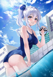 Rule 34 | 1girl, absurdres, ass, bare arms, bare shoulders, blue one-piece swimsuit, breasts, day, dutch angle, from side, goggles, grin, highres, holding, leaning, lebring, long hair, looking at viewer, medium breasts, one-piece swimsuit, original, outdoors, ponytail, pool, purple eyes, sidelocks, smile, solo, standing, swimsuit, thighs, twisted torso, water, wet, wet clothes, wet swimsuit, white hair