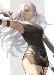 Rule 34 | 1girl, arm strap, armpits, black dress, black gloves, cowboy shot, dress, elbow gloves, floating hair, gloves, grey eyes, hair over one eye, highres, holding, holding polearm, holding weapon, long hair, looking at viewer, moguta (moguta9), nier (series), nier:automata, parted lips, polearm, short dress, silver hair, solo, standing, straight hair, very long hair, weapon, a2 (nier:automata)
