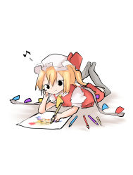 Rule 34 | 1girl, :3, absurdres, ascot, beamed eighth notes, black eyes, black thighhighs, blonde hair, child&#039;s drawing, crayon, crystal, drawing, feet up, flandre scarlet, full body, hair between eyes, hat, highres, lying, mob cap, musical note, on stomach, one side up, puffy short sleeves, puffy sleeves, shiki karin, short sleeves, smile, solo, thighhighs, touhou, vest, wings