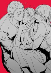 Rule 34 | !?, 1boy, 2girls, aknr end, arm around waist, bisexual female, blunt bangs, blush, boy and girl sandwich, commentary, dress, dungeon meshi, elf, falin touden, furrowed brow, greyscale with colored background, hand on another&#039;s arm, heart, highres, kiss, kissing cheek, laios touden, light blush, long hair, marcille donato, medium hair, multiple girls, pointy ears, red background, sandwiched, shirt, short hair, sitting, smile, sweat