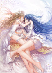 Rule 34 | 10s, 2girls, artist name, barefoot, bed sheet, bloomers, blue hair, bow, brown hair, bustier, detached sleeves, dress, closed eyes, flower, frilled dress, frills, hair ribbon, hand on another&#039;s head, holding hands, leg between thighs, bridal garter, legs, lily (flower), long hair, long legs, love live!, love live! school idol festival, love live! school idol project, lying, minami kotori, multiple girls, on side, ribbon, ritsuki, sonoda umi, strapless, strapless dress, thighs, underwear, very long hair, watermark, wedding, wedding dress, white dress, wife and wife, yuri