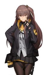Rule 34 | 1girl, black gloves, black jacket, black pantyhose, black skirt, bow, brown eyes, brown hair, cero (last2stage), finger to eye, girls&#039; frontline, gloves, hair bow, hair ornament, highres, jacket, long hair, looking at viewer, pantyhose, shirt, simple background, skirt, smile, solo, strapless, thighhighs, ump45 (girls&#039; frontline), white background, white shirt