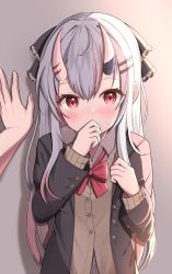 1girl, black jacket, blazer, blush, bow, brown cardigan, cardigan, collared shirt, commentary request, covered mouth, dress shirt, gradient hair, grey hair, hair ornament, hairclip, hands up, highres, hololive, horns, jacket, long hair, long sleeves, looking at viewer, multicolored hair, nakiri ayame, oni, oni horns, open blazer, open clothes, open jacket, red bow, red eyes, red hair, school uniform, shirt, sleeves past wrists, solo focus, starfox1015, streaked hair, sweat, upper body, very long hair, virtual youtuber, wall slam, white shirt