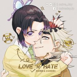 Rule 34 | 1boy, 1girl, anger vein, arrow (symbol), arrow through heart, between fingers, biting, black hair, blonde hair, butterfly hair ornament, character name, collared shirt, colored tips, douma (kimetsu no yaiba), english text, eyelashes, fingernails, fork, grabbing another&#039;s hair, green necktie, grey background, hair between eyes, hair ornament, heads together, heart, hetero, holding, holding fork, hug, japanese clothes, kimetsu no yaiba, kimono, kochou shinobu, long sleeves, looking at viewer, medium hair, multicolored hair, naive (day), necktie, nose bite, one eye covered, outstretched arm, parted lips, portrait, print hair, purple hair, red hair, reverse grip, school uniform, shirt, sidelocks, simple background, skull and crossbones, spoken heart, spoken skull, stab, streaked hair, sweater, text in eyes, turtleneck, twitter username, updo, veins, white shirt, yellow sweater