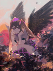 Rule 34 | 1girl, bird wings, black skirt, boots, brown hair, brown wings, checkered clothes, checkered skirt, closed mouth, commentary, expressionless, feathered wings, full body, hair ribbon, hands on own cheeks, hands on own face, hands up, hat, head rest, himekaidou hatate, knee boots, long hair, looking at viewer, one-hour drawing challenge, puffy short sleeves, puffy sleeves, purple eyes, purple hat, purple ribbon, purple skirt, ribbon, shi chimi, shirt, short sleeves, skirt, solo, squatting, tokin hat, touhou, twintails, two-tone skirt, very long hair, white shirt, wings