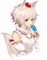 Rule 34 | 1girl, animal ears, breasts, detached sleeves, food, from side, hat, highres, inubashiri momiji, long sleeves, looking at viewer, looking to the side, lumo 1121, medium breasts, pom pom (clothes), popsicle, red eyes, ribbon-trimmed sleeves, ribbon trim, shirt, short hair, sleeveless, sleeveless shirt, solo, tail, tokin hat, tongue, tongue out, touhou, upper body, white hair, white shirt, wide sleeves, wolf ears, wolf tail