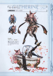 Rule 34 | 10s, 1girl, absurdres, animal ears, bathtub, catharine (granblue fantasy), chibi, claw foot bathtub, erune, full body, gloves, granblue fantasy, gun, hairband, hat, highres, holding, holding gun, holding weapon, jewelry, leotard, long hair, looking at viewer, minaba hideo, multiple views, non-web source, official art, open mouth, petals, pink hair, red eyes, scan, simple background, smile, thighhighs, weapon
