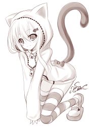 Rule 34 | 1girl, animal ears, animal hood, blush, cat ears, cat hood, highres, hood, lethe-shion, monochrome, short hair, simple background, smile, solo, striped clothes, striped thighhighs, tail, thighhighs, white background
